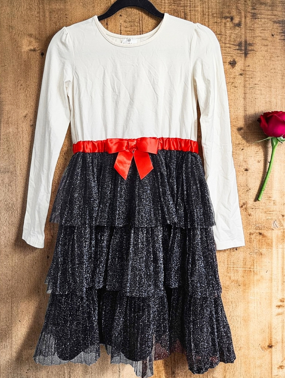 Hanna Andersson Tiered Sparkle Tulle Satin Bow Long Sleeve Holiday Party Dress